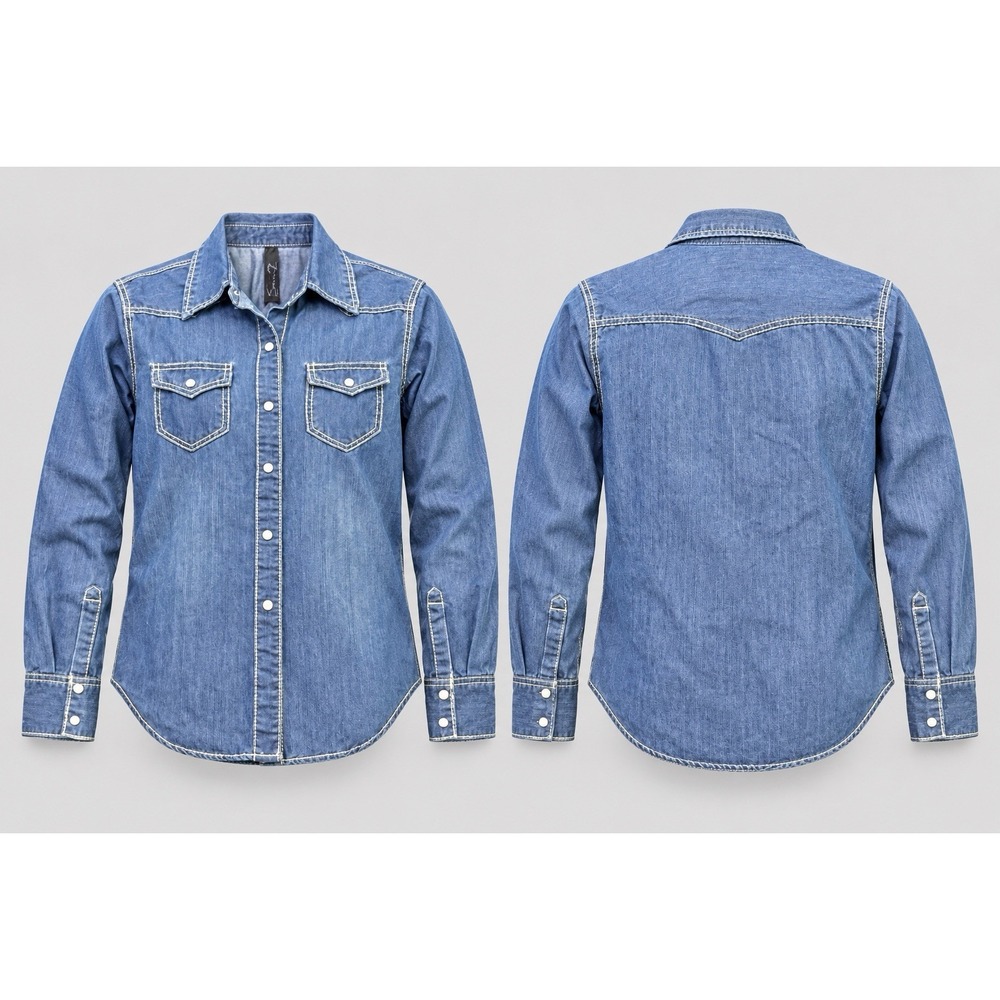 7 For All Mankind Top Womens Small Blue Cotton Denim Rhinestone Collar Blouse